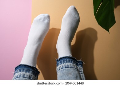 White Socks. Mockup On A Colored Background.