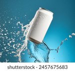 White soda can mockup photograph with water splash product photography on blue background floating in the air.