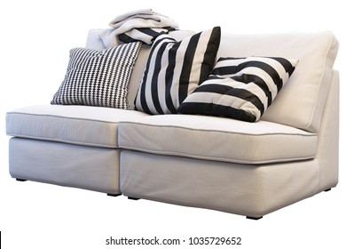 White sofa Ikea Kivik with pillows and plaids. Cozy sofa on white background. Scandinavian style. Realistic 3d render. Interior visualisation