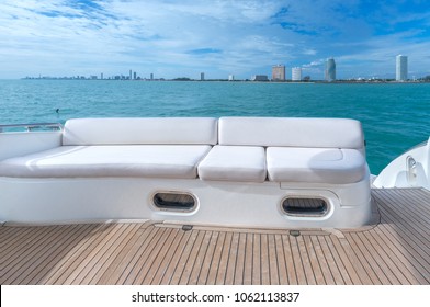 White sofa set on a luxury yacht stern interior comfortable design for holiday recreation tourism travel and vacation concept