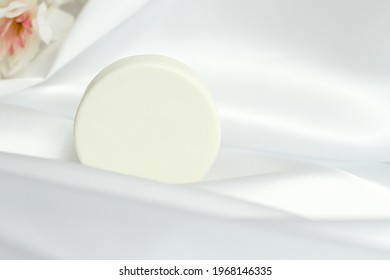 White Solid Soap Shampoo Bar On Silk Background, Bath Cosmetics