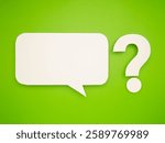 White speech bubble and question mark cutout on a vibrant green background, representing conversation, inquiry, communication, and curiosity. Space for text or message.