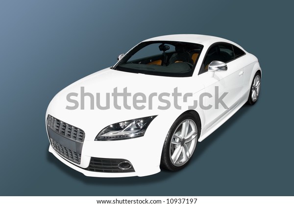 White sports car\
isolated on a blue gradient background.  A realistic shadow is\
added to the underneath of the car. Pen toll clipping path for the\
car only is included.