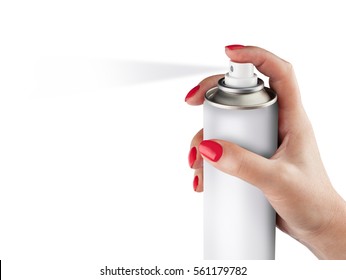 White Spray Can Isolated On White Background On Woman Hand, Aerosol Spray Can, Metal Bottle Paint Can Realistic Photo Image. With Clipping Path