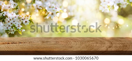 White spring flowers and golden light effects in a park with rustic wooden table for an easter decoration