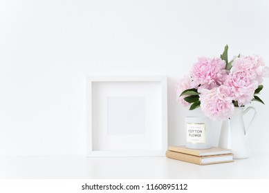 White Square Blank Frame Mockup. Still Life Composition, Floral Elegant Bouquet Of Pink Peonies In Jug. Background, Mock Up For Quote, Promotion, Headline, Design, Lifestyle And Social Media