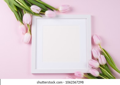 white square frame mockup with white tulips against a pink background