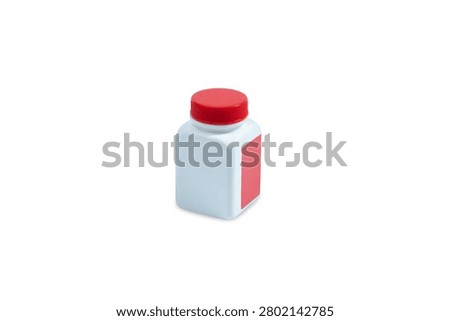 A white square plastic bottle with a red screw cap and blank red label isolated on white, ideal for pharmaceutical or supplement packaging mockups.