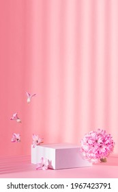 White Square Podium For Presentation Cosmetic, Accessories And Produce On Sunny Bright Pastel Pink Background With Striped Shadows, Levitate Spring Hyacinth Flowers, Vertical.