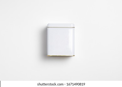 White Square Tin Packaging Mock Up On White Background. Tea, Coffee, Dry Products.Tin Can.High Resolution Photo.