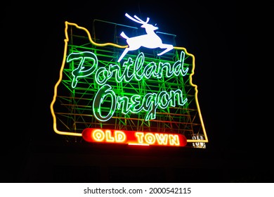 White Stag Sign In Portland, Oregon At Night Time.  Picture Taken In Portland, OR On May 31,2021