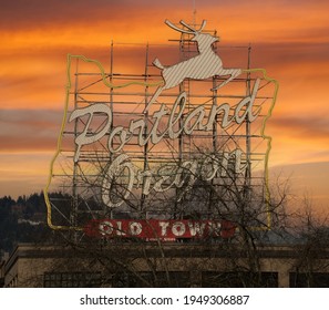 White Stag Signin Portland Old Town, Oregon Old Town Sign At Sunset With Jumping Deer,