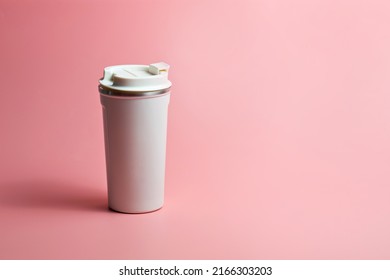 White steel thermo coffee mug mockup isolated on pink background with clipping path. - Shutterstock ID 2166303203