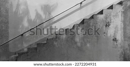 white steps with railing isolated on white background. side view. stone staircase. white backdrop. Concrete steps . sunlight and shadow. side view. 