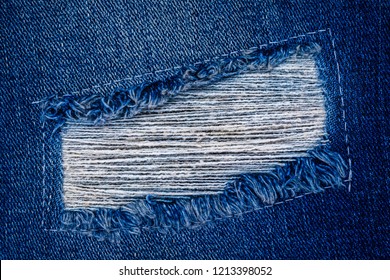 White  Stitching  On Blue Denim Jeans Patch. Close Up Blue Jean Frame. 