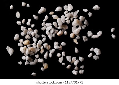 White Stone Gravel Isolated On Black Background, Clipping Path, Top View