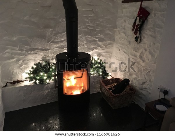 White Stone Inglenook Fireplace Decorated Christmas Stock Photo