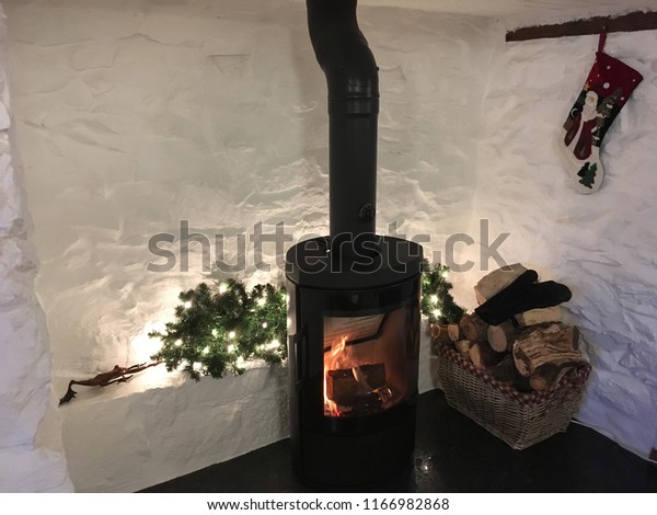 White Stone Inglenook Fireplace Decorated Christmas Stock Image