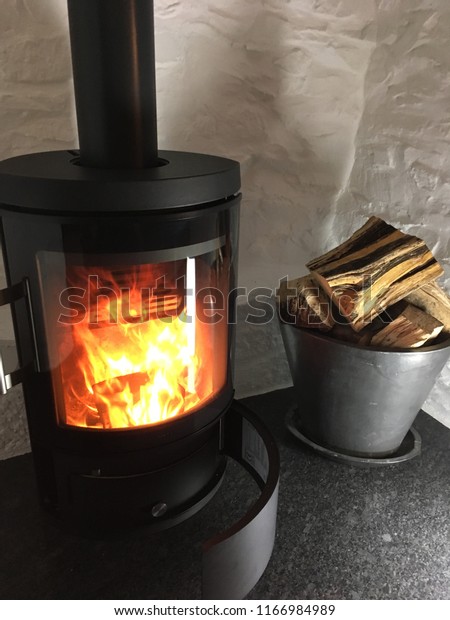 White Stone Inglenook Fireplace Roaring Log Stock Image Download Now