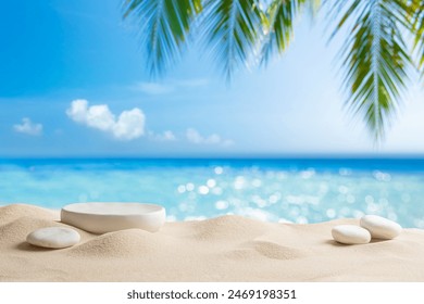 White stone podium with copy space for product display on tropical summer sand beach background