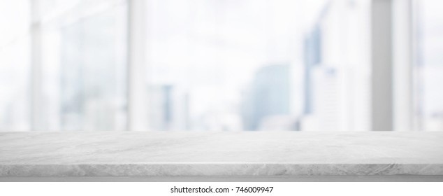 White Stone table top and blur glass window wall building banner background with vintage filter - can used for display or montage your products.