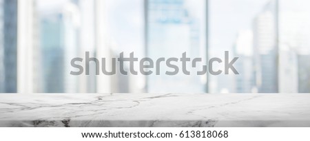 White Stone table top and blur glass window wall building banner background - can used for display or montage your products.