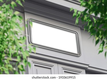 White storefront on a grey shop frontage Mockup. Empty store brand signboard frame in street