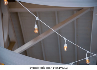 White String Of Light Bulbs Hanging From Rafter Of Ceiling With Draping Cloth Banner Behind It