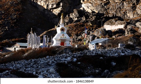 White Stupa Of Langtang National Park Of Mid - Nepal.