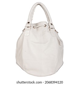 White Stylish Purse Or Handbag For Women On A White Background. Soft Leather With Two Handles And A Shoulder Strap, Drawstrings, And Gold Accessories. Back View.