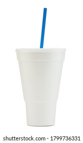 White Styrofoam Cup Used For Soft Drinks With A Blue Straw