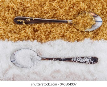 White Sugar And Brown Sugar , And Spoon