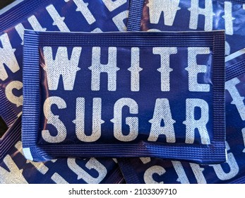 White Sugar Packet. Paper Warp Sealed Package Sweetener Sugar For Tea Or Coffee.