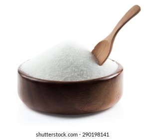 White Sugar In Wood Bowl On White Background