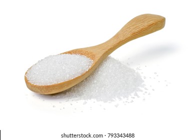 White Sugar In Wood Spoon On A White Background