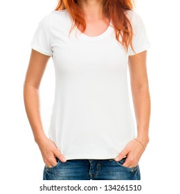 white t shirt on a girl with perfect body - Shutterstock ID 134261510