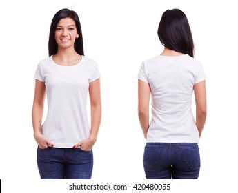 White t shirt on a young woman template on white background