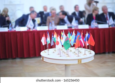 White table with 28 national flags at the International Congress of Industrialists and Entrepreneurs