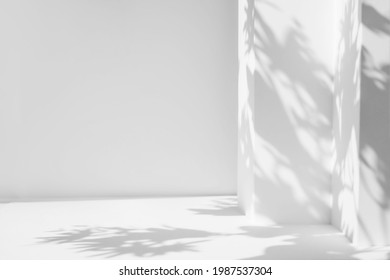 White Table And Abstract Geometric Wall Background With Flowers And Palm Leaves Shadows Overlay. Abstract Gray Studio Background For Product Presentation. 3d Room With Copy Space. Summer Concept.