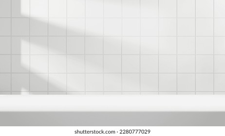 white table background podium stage for text design and products, white stage with sunlight and shadow, white tile and table background. - Shutterstock ID 2280777029