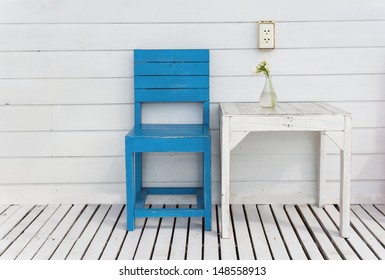 White Table And Blue Wooden Chair Outdoor