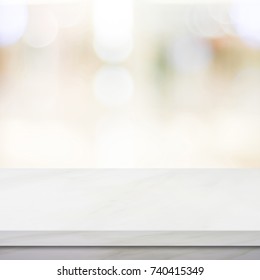 White Table And Blur Kitchen Background, Empty White Marble Counter, Shelf, Table Top Over Blur Store, Shop With Abstract Bokeh Light Background, Product And Food Display Desk Banner, Mockup, Template