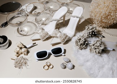 A white table with a bunch of items on it, including a pair of white shoes, a pair of sunglasses, and a bouquet of flowers. The table is set for a wedding