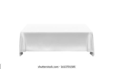 White Table Cloth Isolated On White Background, Front View. Minimalist Tablecloth Shape Concept For Exhibition Stand, Display. Empty Textured Fabric, Linen Soft Design Background. 