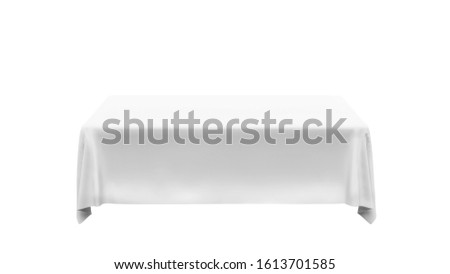 White table cloth isolated on white background, front view. Minimalist tablecloth shape concept for exhibition stand, display. Empty textured fabric, linen soft design background. 