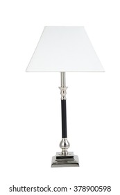 White Table Lamp  With Black Stick &  Silver Plated Frame And Silver Marble Base, White Shade , Isolated On White