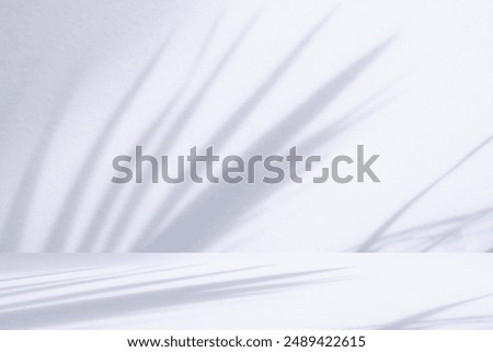 White table with palm tree shadow drop on white wall background for mockup product display