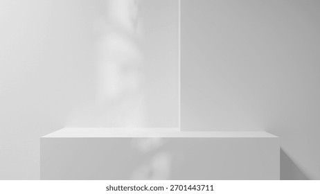 White table podium background with empty space and sunlight cozy summer display. white display for presentations and design. template room studio shot for cosmetics. white shelf table step wall