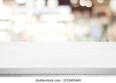 White Table Presentation, Desk And Blur Background, Empty Wood Counter, Shelf Surface Over Blur Restaurant White Bokeh Background, Wood Table Top For Retail Shop, Store Product Display Banner, Mock Up