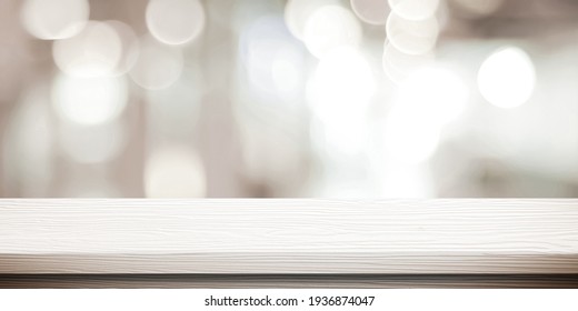 White Table Presentation, Desk And Blur Background, Empty Wood Counter, Shelf Surface Over Blur Restaurant White Bokeh Background, Wood Table Top For Retail Shop, Store Product Display Banner, Mock Up